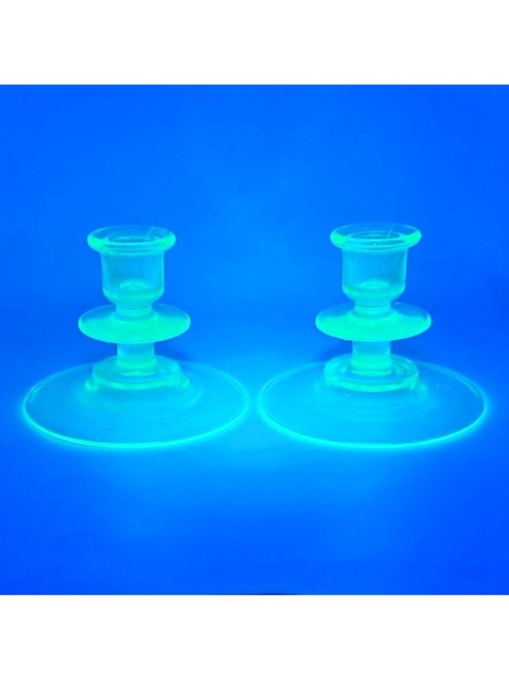 Vintage Green Uranium Glass Taper Candlestick Holders Set Of 2 Depression Era
